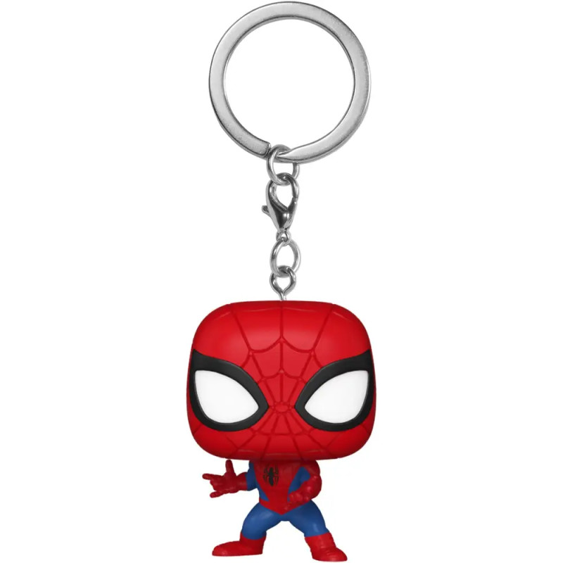 Spider-Man Funko Pop Schlüsselanhänger mit großem Kopf, roter Maske, blauem Anzug und webschießender Pose.