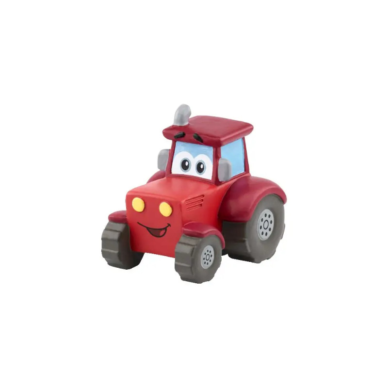 Roter Spielzeug-Traktor im Comicstil mit großen Augen, lächelndem Gesicht und grauen Rädern vor weißem Hintergrund.