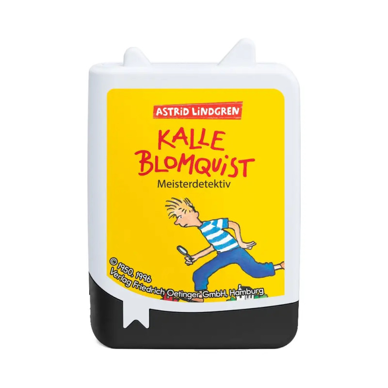 Gelbes Etui mit Illustration eines Jungen und der Aufschrift "Kalle Blomquist Meisterdetektiv".
