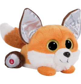 Plüsch-Fuchs in Orange mit silbernen Ohren, großen Glitzeraugen und weißem Bauch liegt ausgestreckt.
