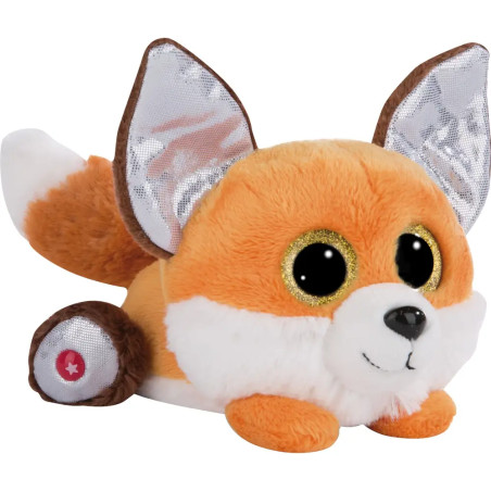 Plüsch-Fuchs in Orange mit silbernen Ohren, großen Glitzeraugen und weißem Bauch liegt ausgestreckt.