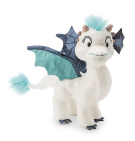 Plüsch-Drache, weiß mit blauen Flügeln, blauen Akzenten und blauem Fellbüschel an Kopf und Schwanz.
