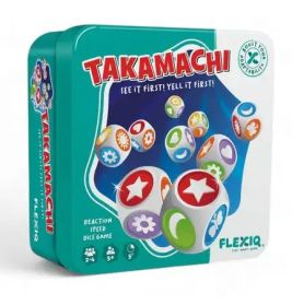 Blechdose des Spiels Takamachi mit bunten Würfeln und Symbolen auf der Vorderseite.