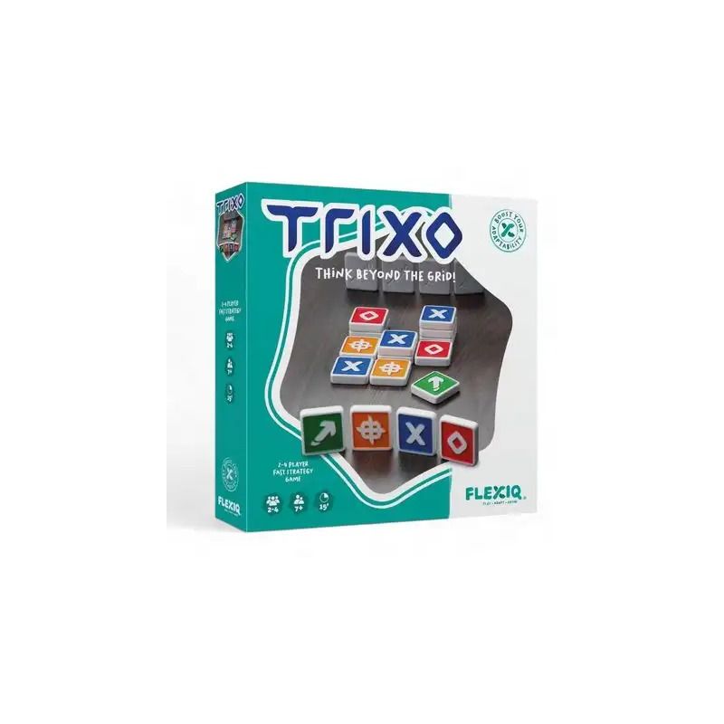 Trixo-Spielschachtel mit bunten Symbolwürfeln und dem Slogan "Denke über das Raster hinaus!".