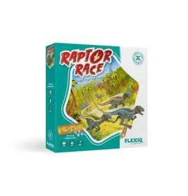 Raptor Race Brettspielschachtel mit Dinosauriern, die über eine prähistorische Landschaft rasen.