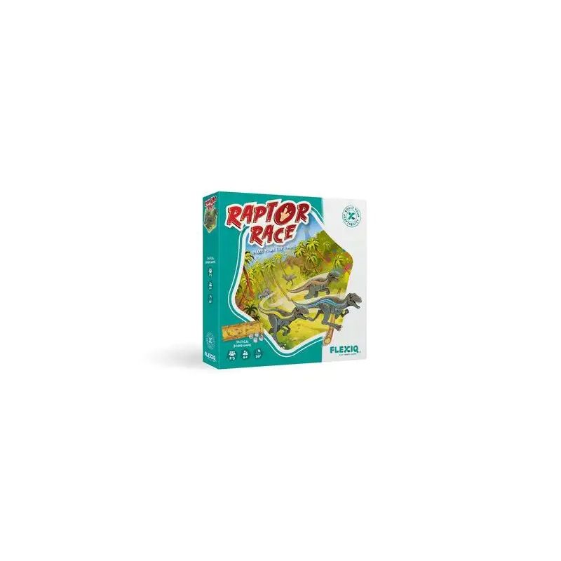Raptor Race Brettspielschachtel mit Dinosauriern, die über eine prähistorische Landschaft rasen.