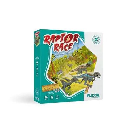 Raptor Race Brettspielschachtel mit Dinosauriern, die über eine prähistorische Landschaft rasen.