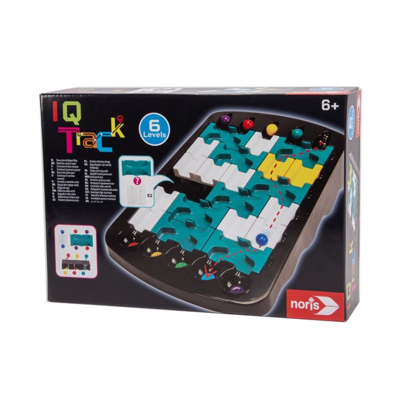 IQ Track Spielbox mit Spielbrett, bunten Kugeln und Wegen, geeignet für Kinder ab 6 Jahren.
