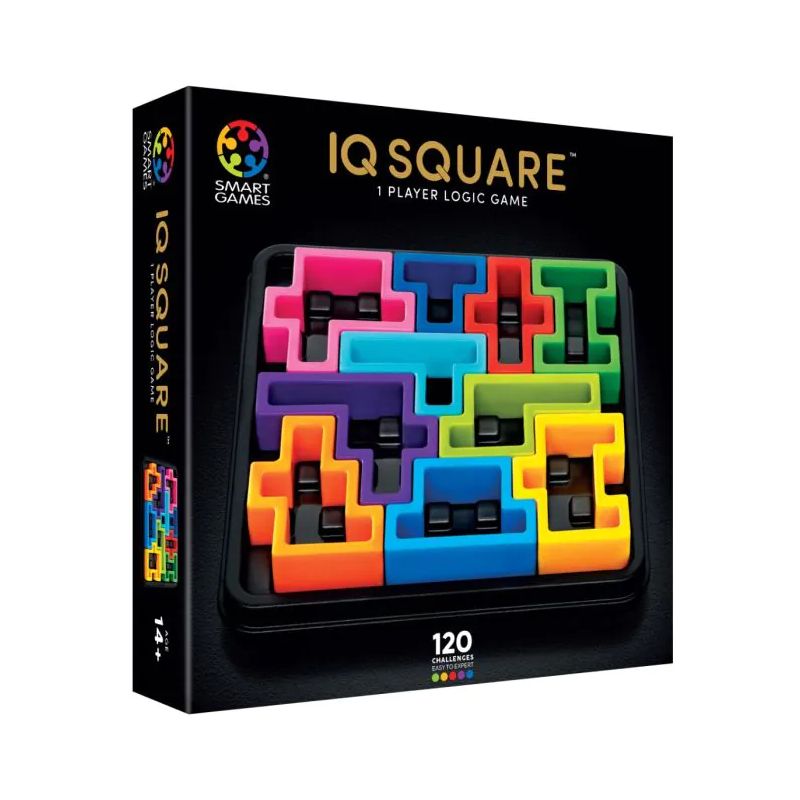 IQ Square Puzzle: Bunte Steckteile auf schwarzem Tablett, für 1 Spieler ab 7 Jahren.