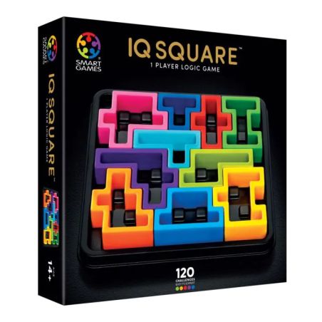 IQ Square Puzzle: Bunte Steckteile auf schwarzem Tablett, für 1 Spieler ab 7 Jahren.
