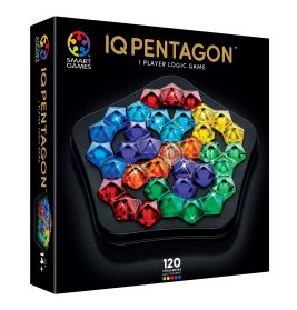 IQ Pentagon Spielbox mit bunten Pentagon-Steinen, angeordnet auf einem schwarzen Spielfeld.