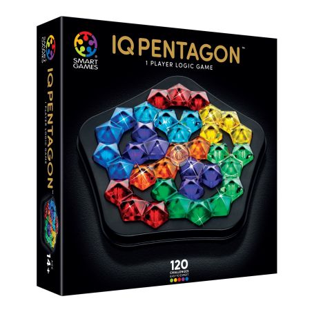 IQ Pentagon Spielbox mit bunten Pentagon-Steinen, angeordnet auf einem schwarzen Spielfeld.