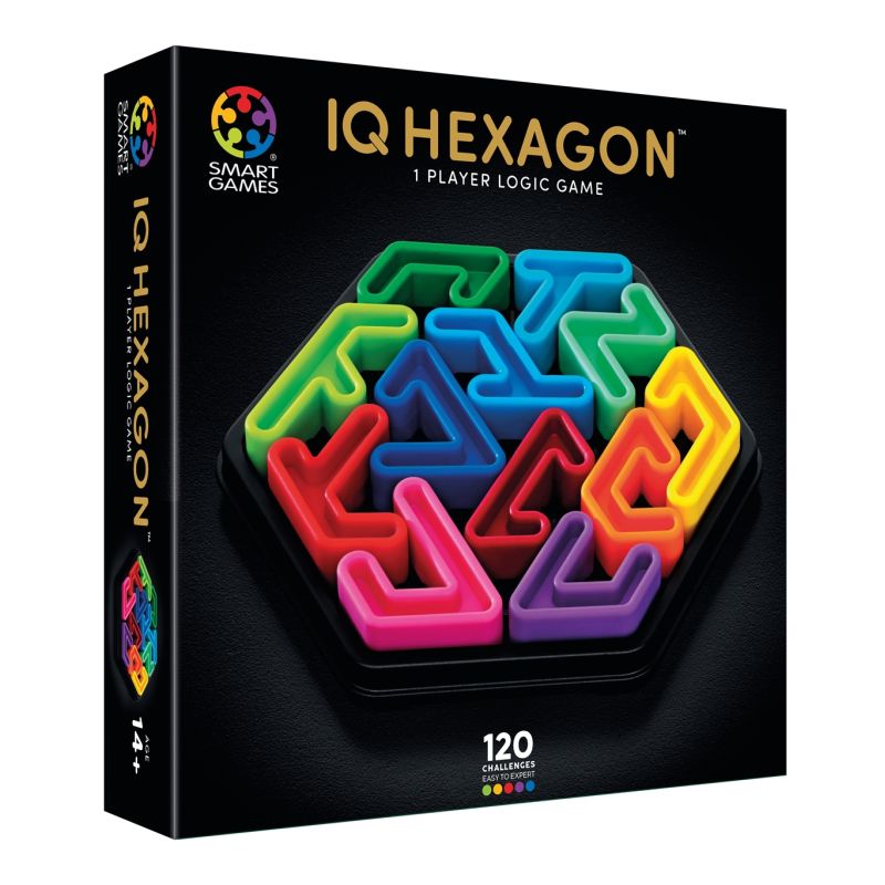 IQ Hexagon Logikspiel mit bunten, sechseckigen Puzzleteilen auf schwarzem Hintergrund in der Verpackung.