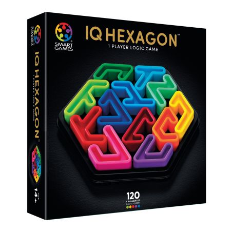 IQ Hexagon Logikspiel mit bunten, sechseckigen Puzzleteilen auf schwarzem Hintergrund in der Verpackung.