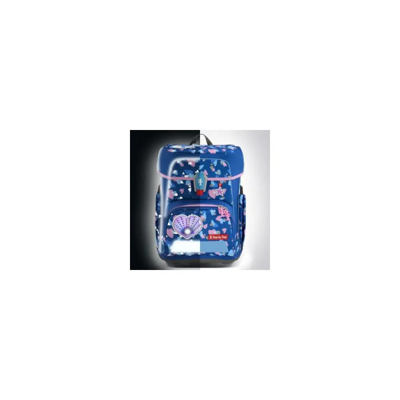 Blauer Rucksack mit Schmetterlings- und Herzmotiven, in Hell und Dunkel gezeigt, reflektiert das Licht.