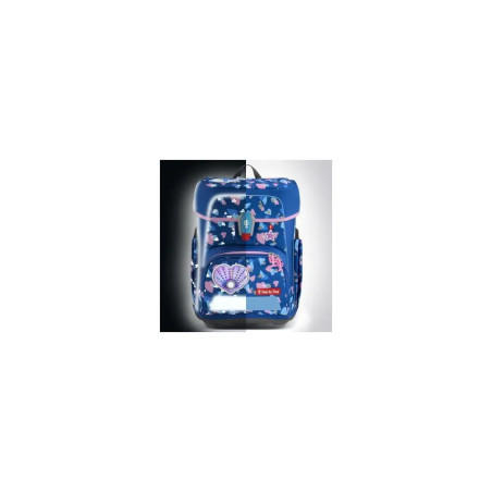 Blauer Rucksack mit Schmetterlings- und Herzmotiven, in Hell und Dunkel gezeigt, reflektiert das Licht.