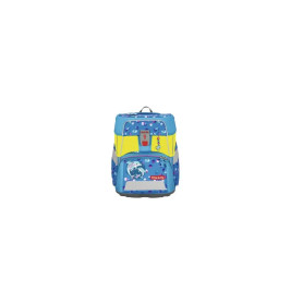 Blauer und gelber Kinder-Rucksack mit Delfinmotiv und verspielten Mustern, frontal abgebildet.