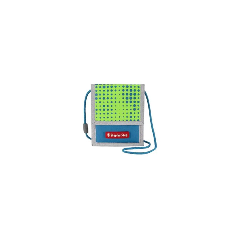 Grün-blau gepunktetes Täschchen mit blauem Riemen und Step by Step-Label vorne.