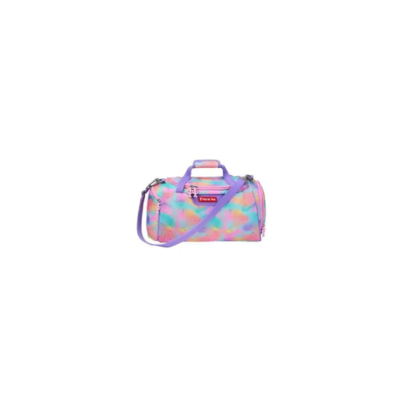 Kleine pastellfarbene Duffelbag mit lila Riemen und Griff sowie Regenbogen-Sprenkelmuster.