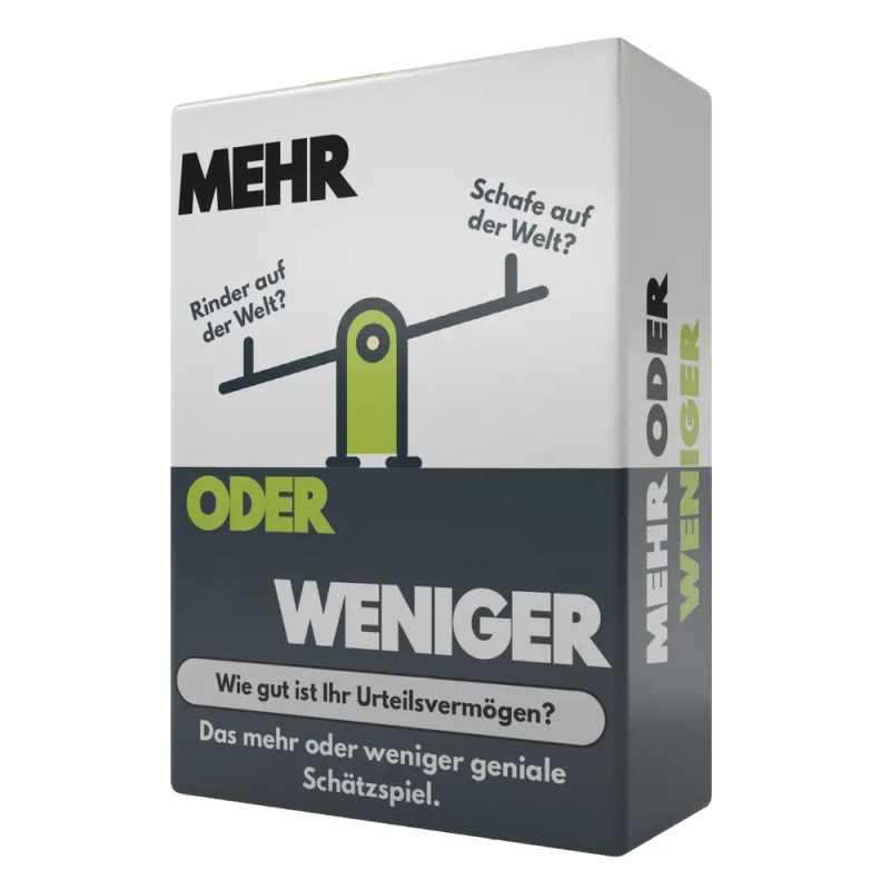 Deutsche Kartenspielbox Mehr oder Weniger mit Schaukelbrett-Illustration und auffälligem Schriftzug.