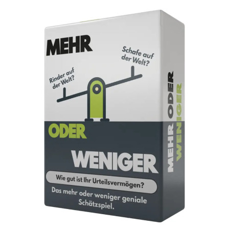 Deutsche Kartenspielbox Mehr oder Weniger mit Schaukelbrett-Illustration und auffälligem Schriftzug.