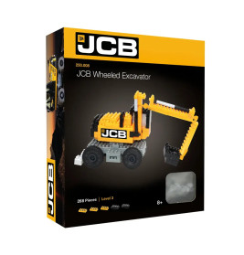 JCB Radbagger-Bausatz mit Bild eines gelb-schwarzen Spielzeugbaggers auf der Vorderseite der Verpackung.