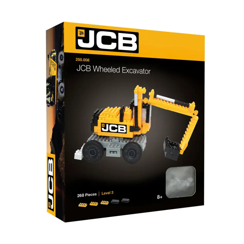 JCB Radbagger-Bausatz mit Bild eines gelb-schwarzen Spielzeugbaggers auf der Vorderseite der Verpackung.