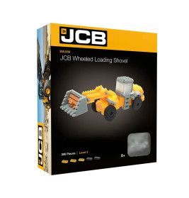 JCB Radlader-Bausteinset mit Bild des zusammengesetzten gelb-grauen Laders auf der Vorderseite der Verpackung.