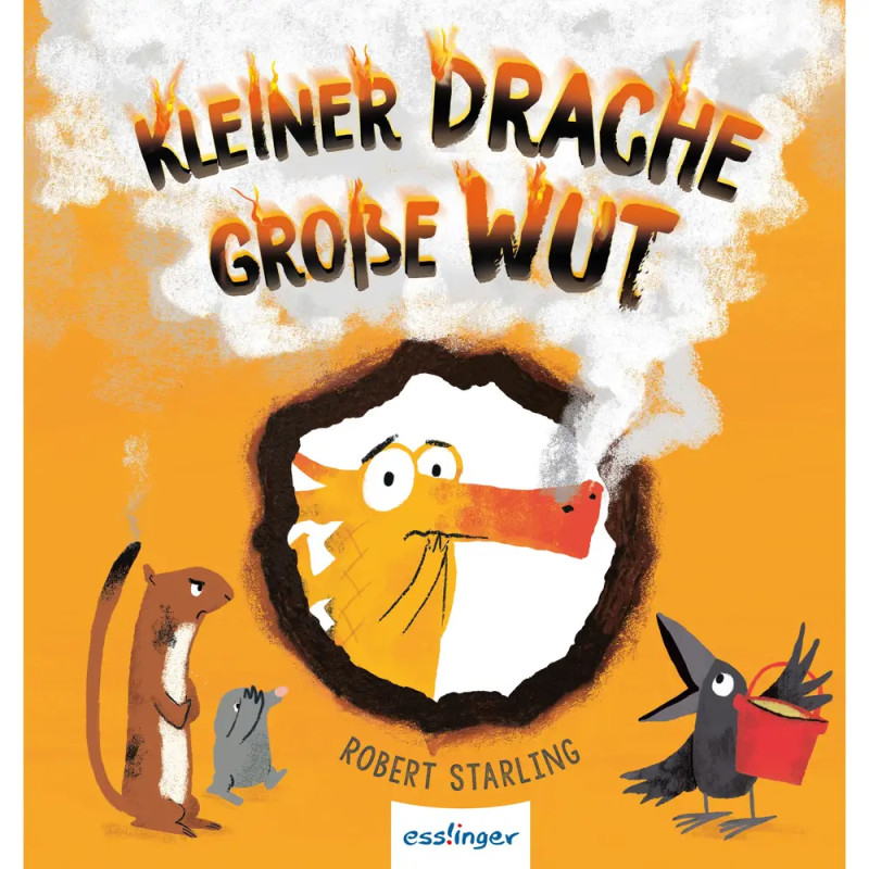 Ein Drache speit Rauch, während Wiesel, Maulwurf und Krähe mit einem Eimer auf dem gelben Cover zusehen.