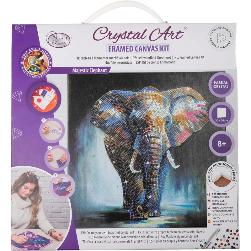 Crystal Art Leinwand-Set mit buntem Elefantenmotiv, geeignet für Kinder ab 8 Jahren.