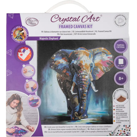 Crystal Art Leinwand-Set mit buntem Elefantenmotiv, geeignet für Kinder ab 8 Jahren.