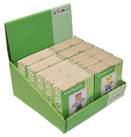 Grüne Box mit mehreren Holzpuzzles im Tier-Design, jeweils mit einem Bärenmotiv auf der Vorderseite.