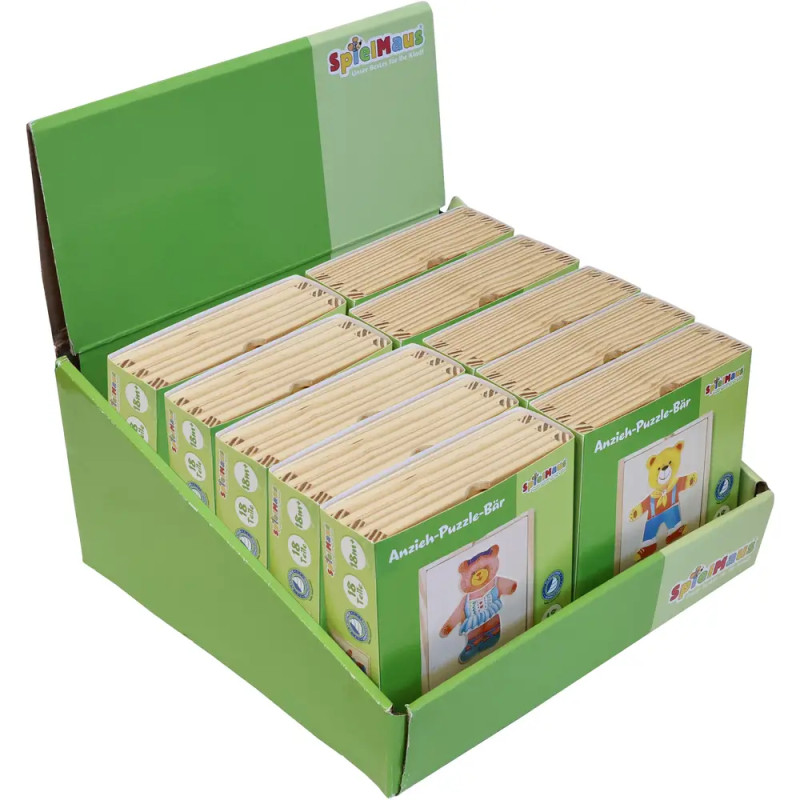 Grüne Box mit mehreren Holzpuzzles im Tier-Design, jeweils mit einem Bärenmotiv auf der Vorderseite.