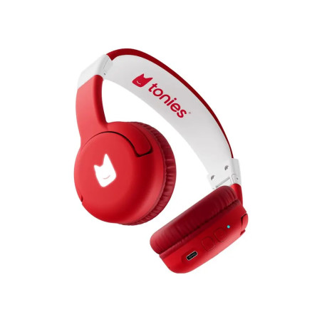 Tonies Kinderkopfhörer in Rot-Weiß mit Katzenlogo am Ohrpolster vor weißem Hintergrund.