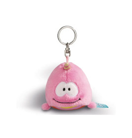 Plüschiger, rosafarbener Schlüsselanhänger in runder Form mit großen Cartoon-Augen und kleinem Lächeln.