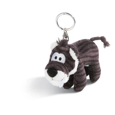 Plüsch-Tiger-Schlüsselanhänger mit schwarzen Streifen, weißem Gesicht und Ring zur Befestigung am Rücken.