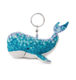Plüsch-Wal-Schlüsselanhänger mit blauem geometrischen Muster und Metallring am Rücken.