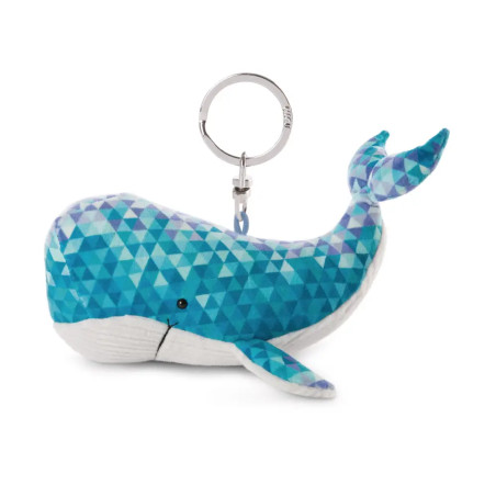 Plüsch-Wal-Schlüsselanhänger mit blauem geometrischen Muster und Metallring am Rücken.
