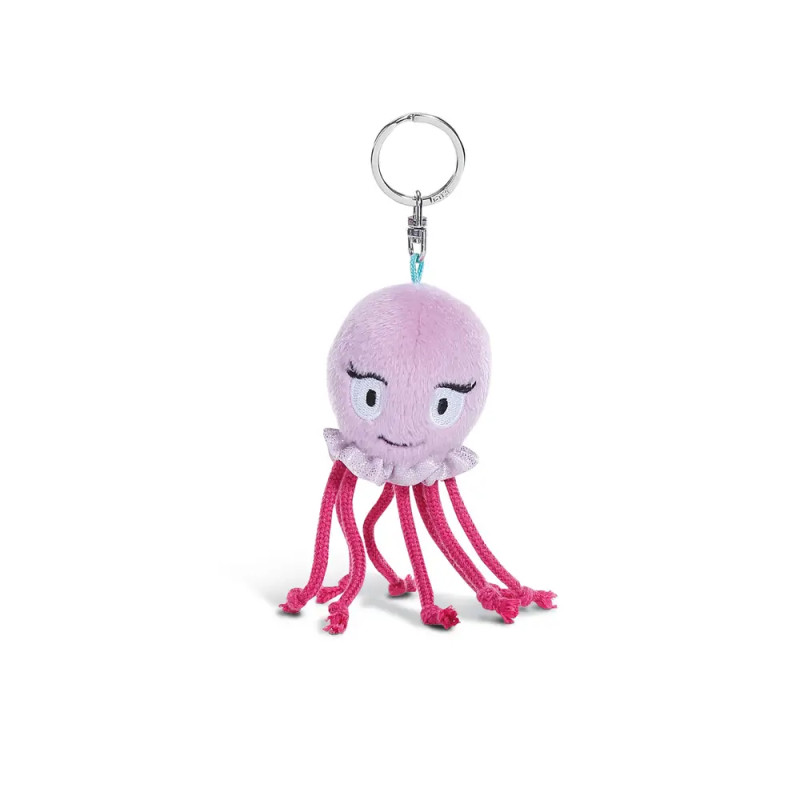 Lila Quallen-Schlüsselanhänger aus Plüsch mit rosa Tentakeln und lächelndem Gesicht auf weißem Hintergrund.