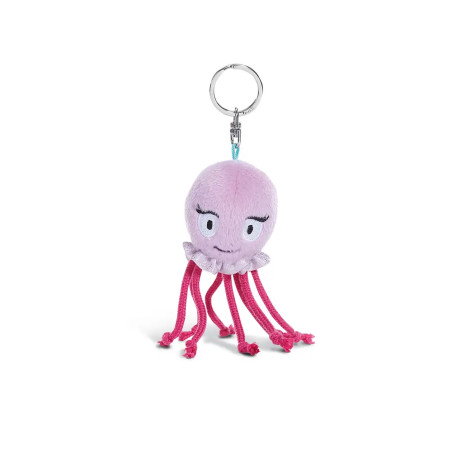 Lila Quallen-Schlüsselanhänger aus Plüsch mit rosa Tentakeln und lächelndem Gesicht auf weißem Hintergrund.