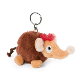Plüsch-Schlüsselanhänger in Mammutform, braun-beige mit rotem Haarschopf und flauschigem Schwanz.