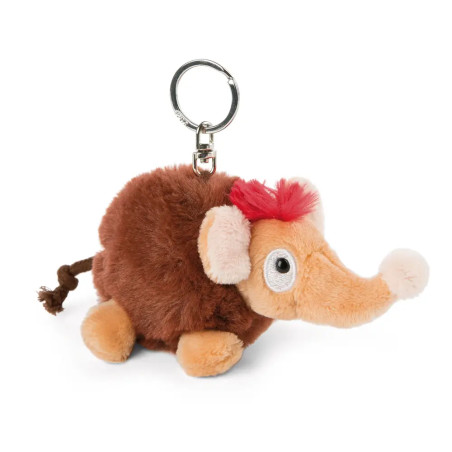 Plüsch-Schlüsselanhänger in Mammutform, braun-beige mit rotem Haarschopf und flauschigem Schwanz.