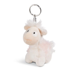 Plüschiger weißer Schaf-Schlüsselanhänger mit großen Augen, kleinen Ohren und flauschigem Schwanz sitzt aufrecht.