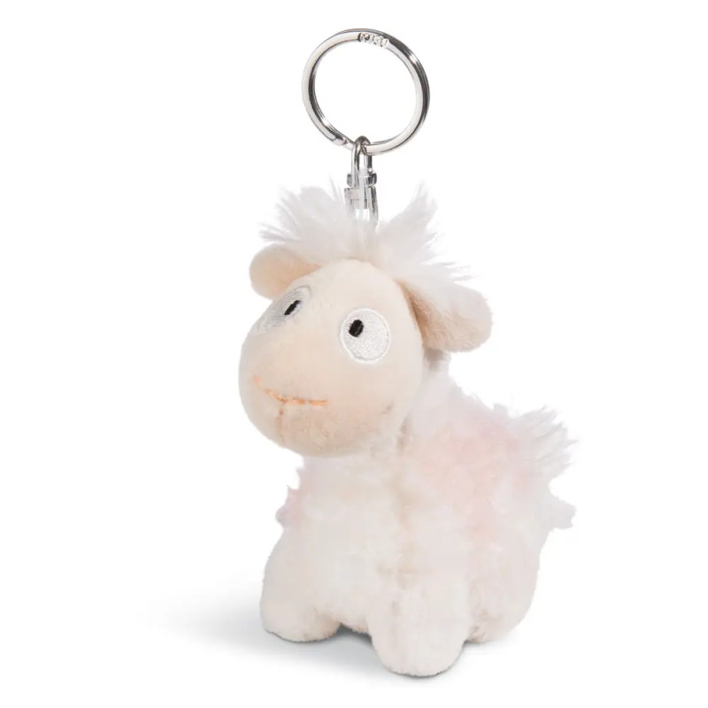 Plüschiger weißer Schaf-Schlüsselanhänger mit großen Augen, kleinen Ohren und flauschigem Schwanz sitzt aufrecht.