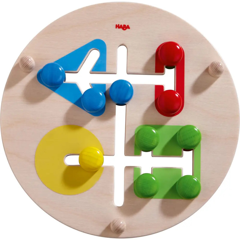 Holzpuzzle mit bunten Griffen und Formen: blaues Dreieck, rote Ecke, gelber Kreis, grünes Quadrat.