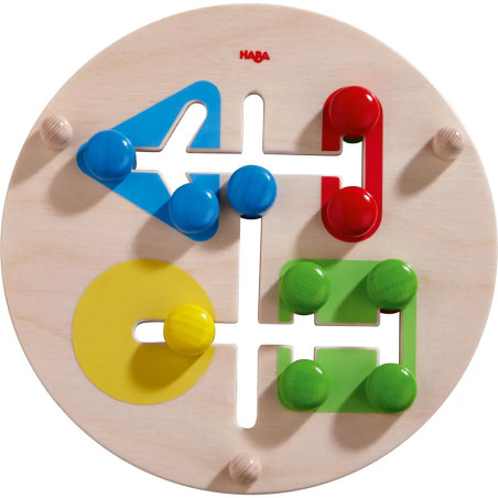 Holzpuzzle mit bunten Griffen und Formen: blaues Dreieck, rote Ecke, gelber Kreis, grünes Quadrat.