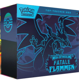 Blaue Pokémon Top-Trainer-Box mit leuchtendem Glurak-Umriss und dem Text "Mega-Entwicklung Fatale Flammen".