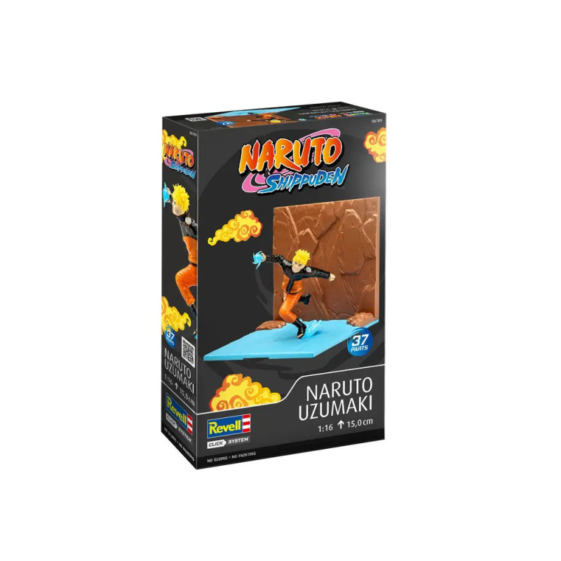 Revell-Set: Naruto Uzumaki als Modell, auf der Box in Actionpose mit Effekten und Logo abgebildet.