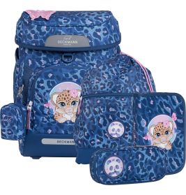 Beckmann Schulranzenset Plus Air Cheeta, 6-teilig, ergonomisch, 28L, blauer Gepard-Print, EAN 7049981442051.
