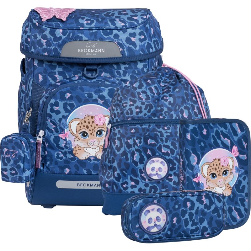 Beckmann Schulranzenset Plus Air Cheeta, 6-teilig, ergonomisch, 28L, blauer Gepard-Print, EAN 7049981442051.